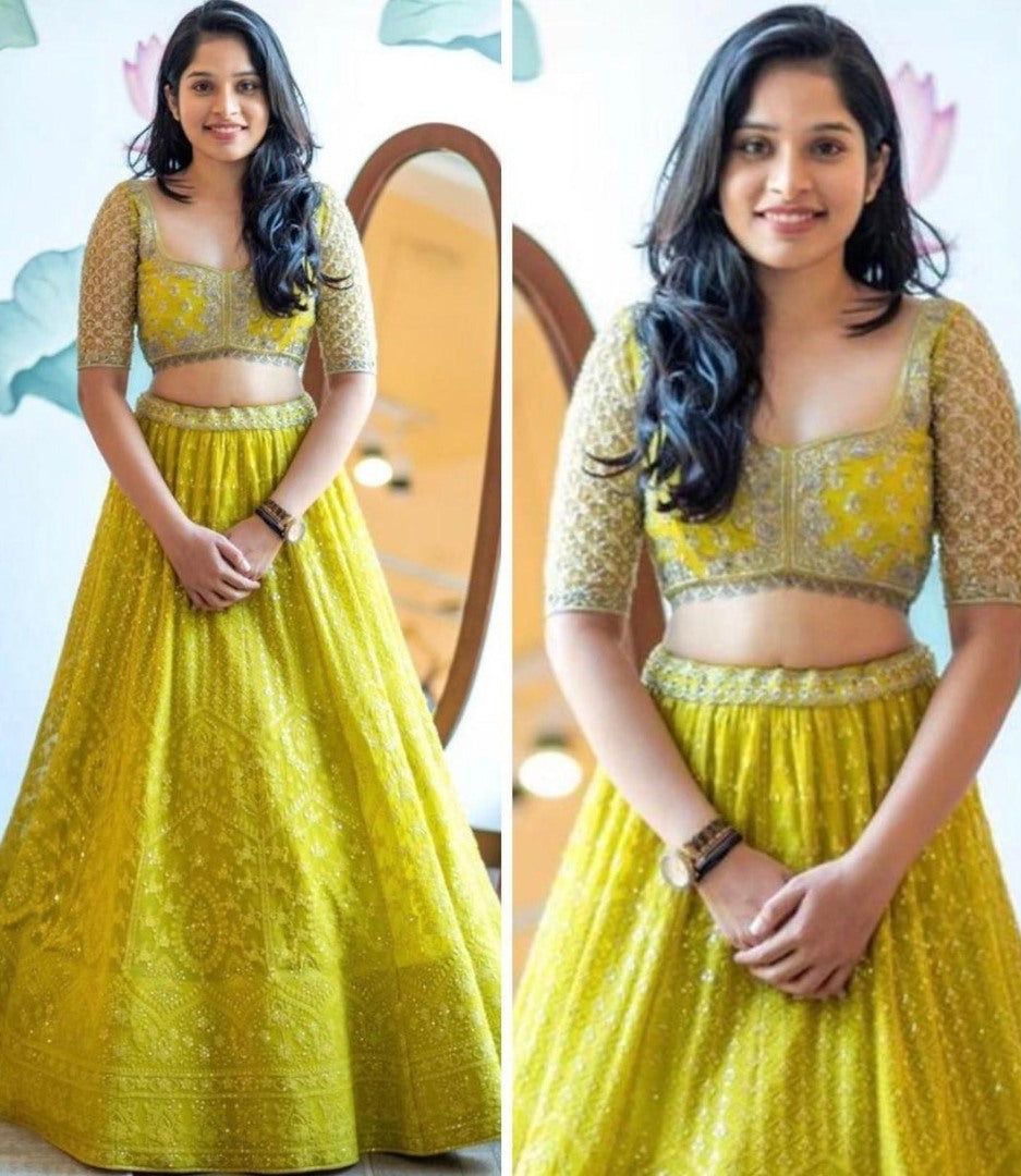 Mustard yellow georgette sequence embroidered work lehenga choli
