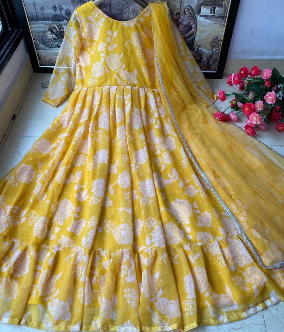Mustard yellow heavy georgette digital flower printed work gown