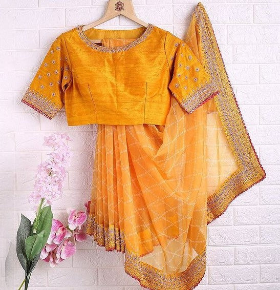 Mustard yellow malbari silk thread with sequence work saree