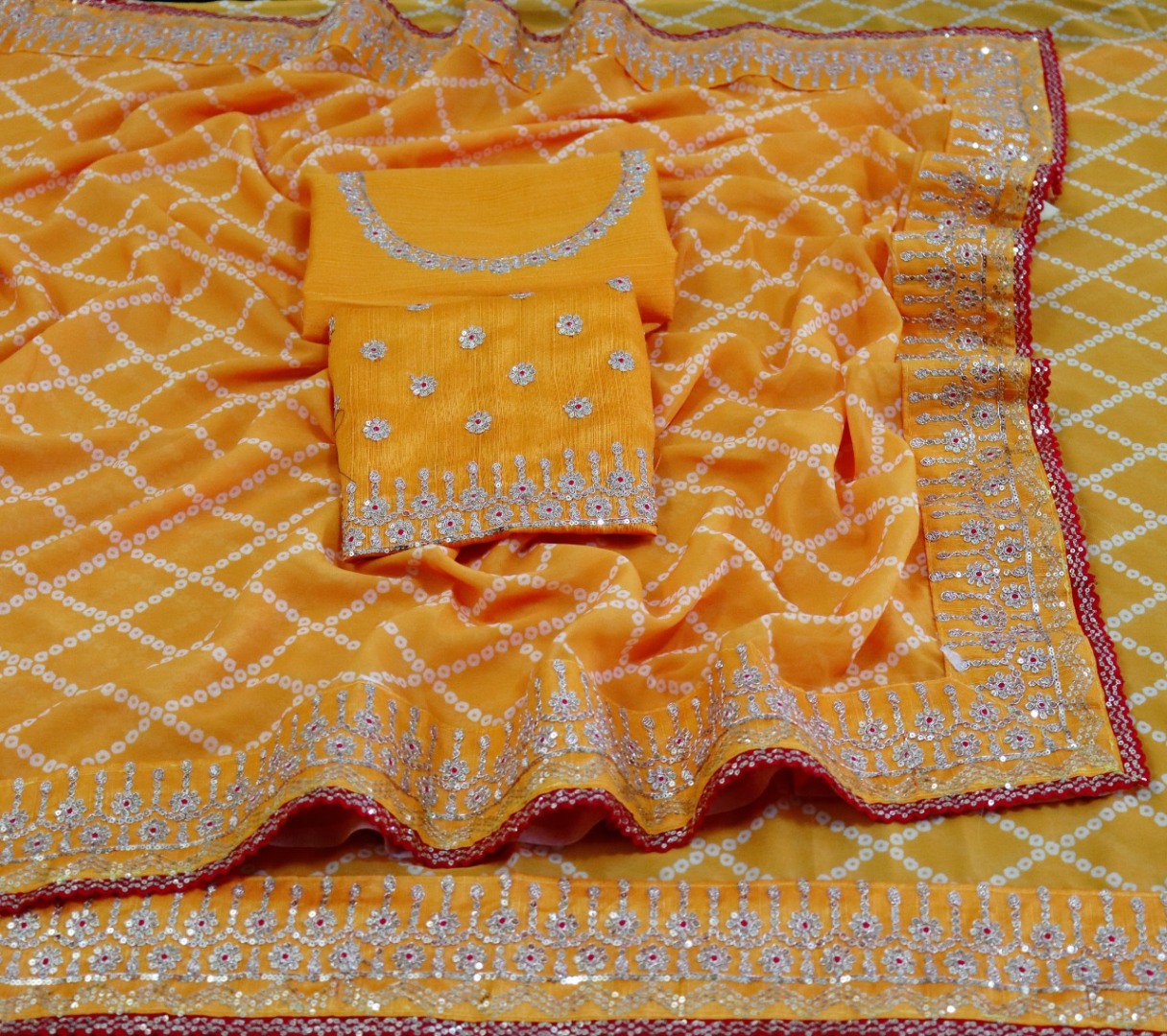 Mustard yellow malbari silk thread with sequence work saree