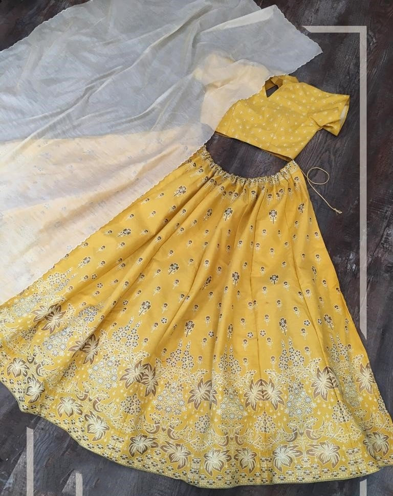 Mustard yellow slub silk zari and foil work party wear lehenga choli