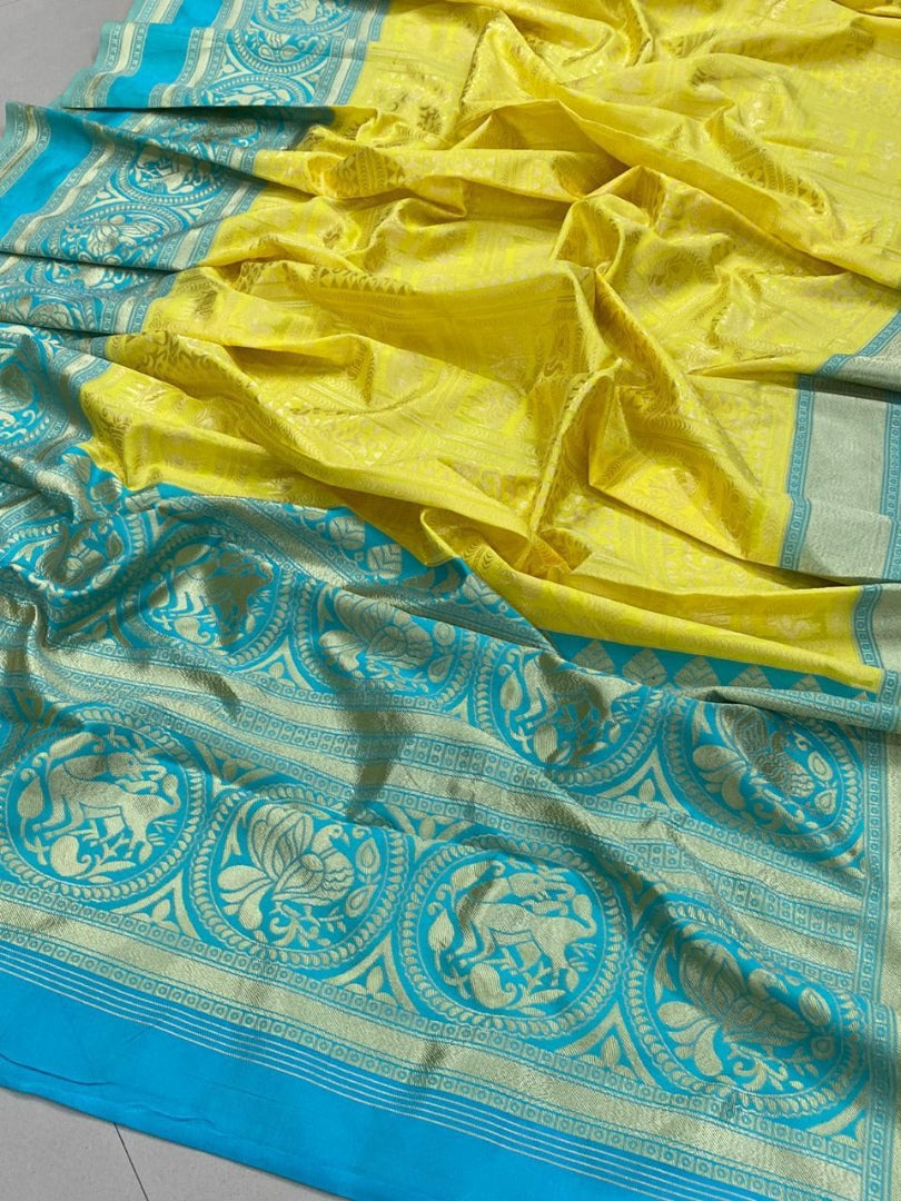 Mustard yellow soft lichi silk jacquard weaving work saree