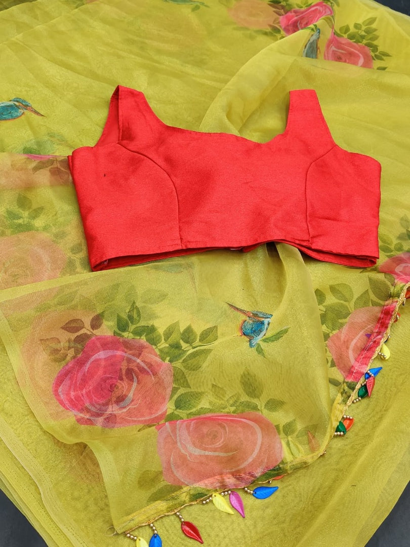 Mustard yellow soft organza fancy jhalar and printed work saree