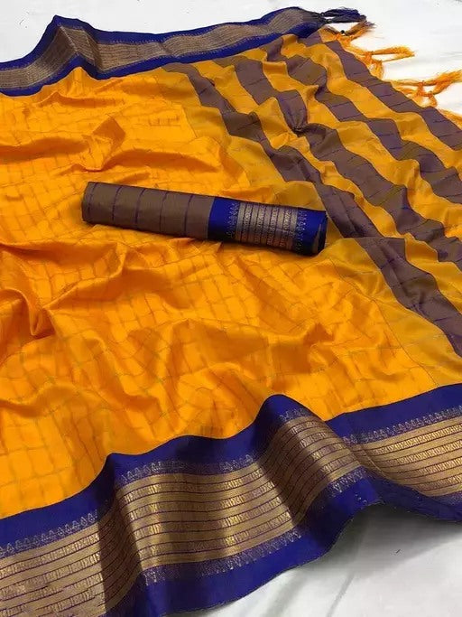 Musturd yellow cotton jacquard border saree