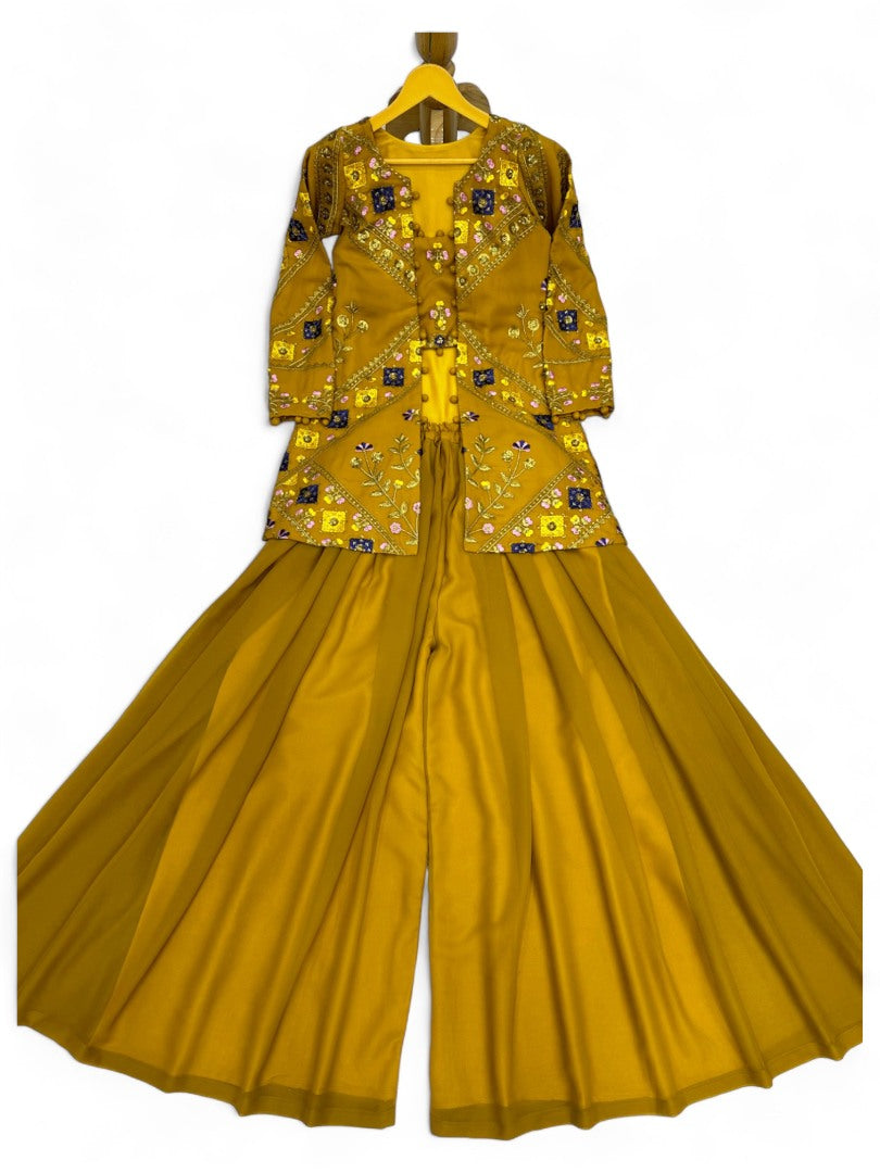 Musturd yellow indowestern plazzo suit