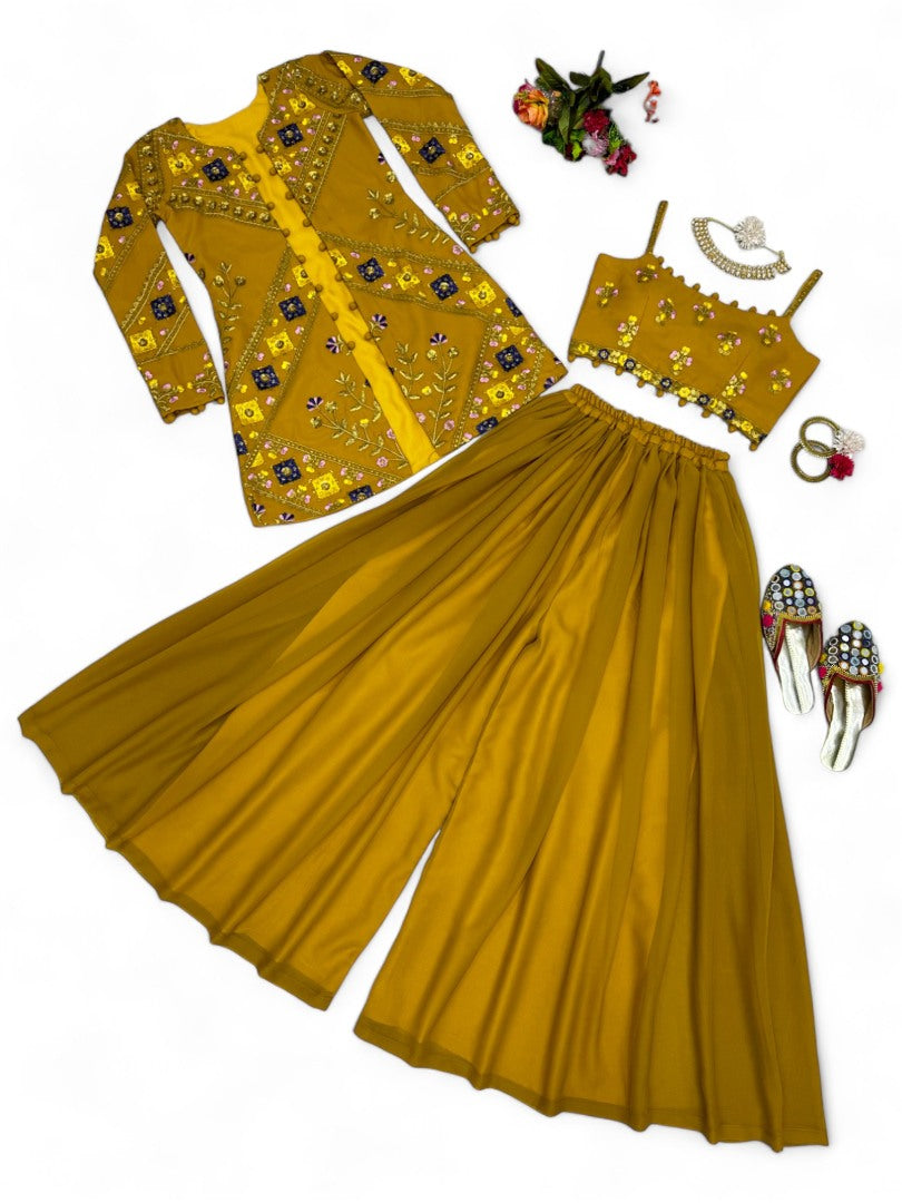 Musturd yellow indowestern plazzo suit