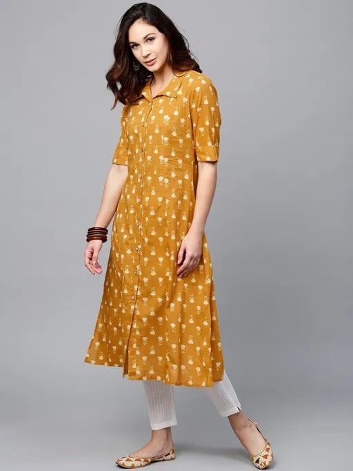 Musturd yellow printed A line cotton kurti