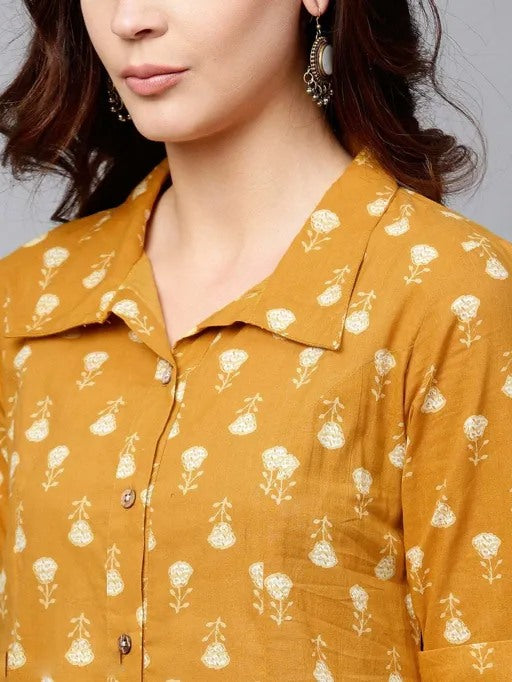Musturd yellow printed A line cotton kurti