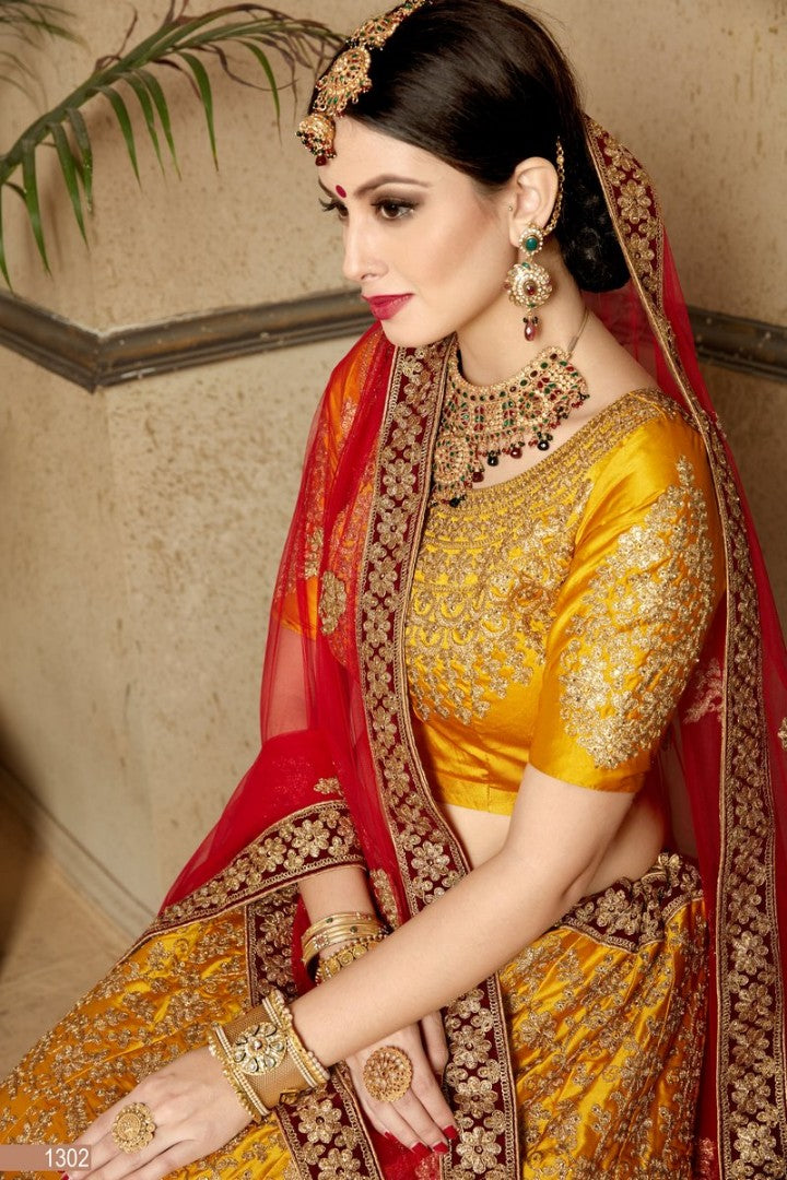 mustured yellow designer heavy embroidered bridal lehenga