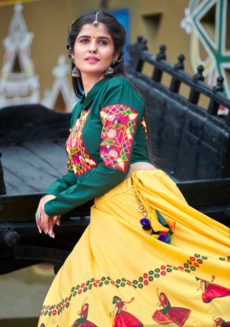 Navratri special green and yellow soft cotton chaniya choli for garba