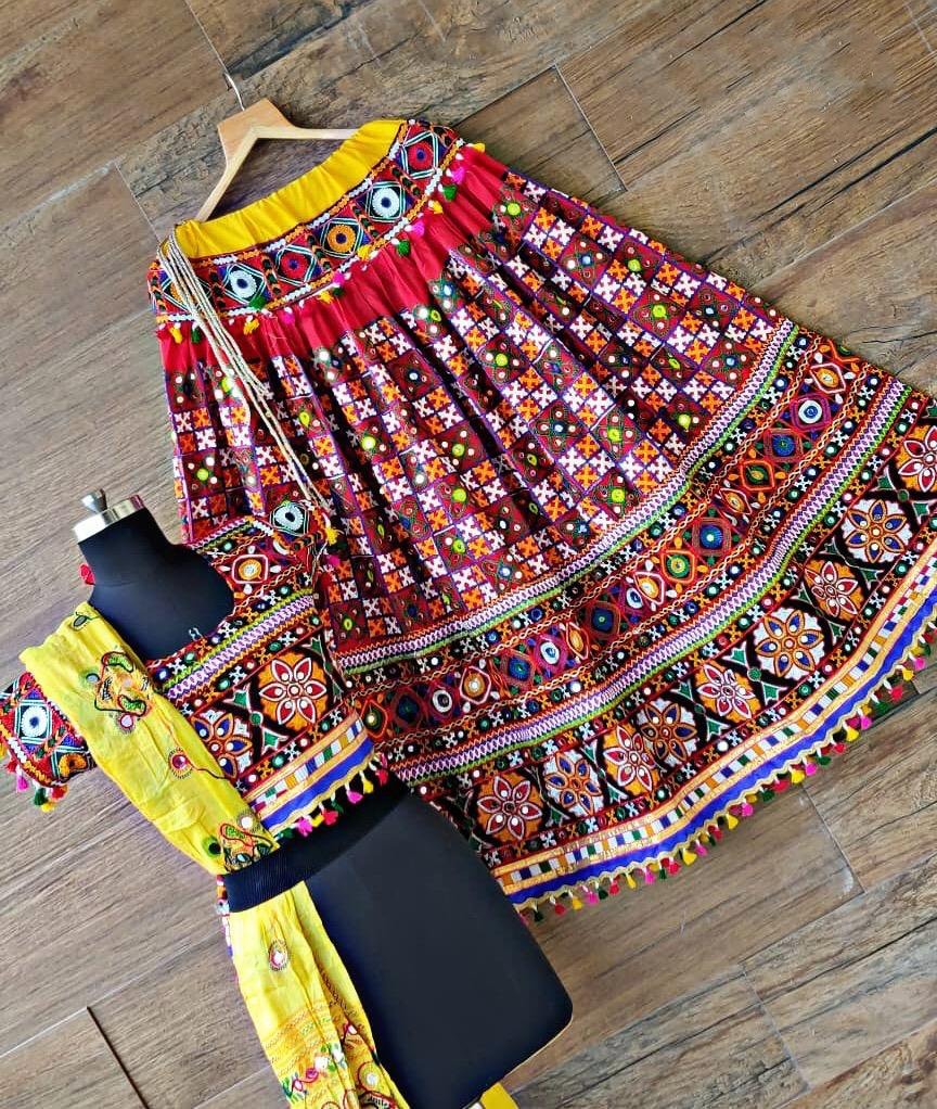 Navratri special heavy kachhi work maroon chaniya choli for garba