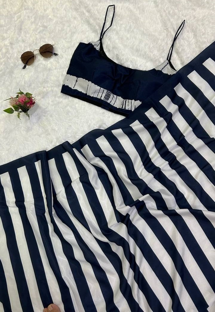 Navy blue and white stripe printed satin saree