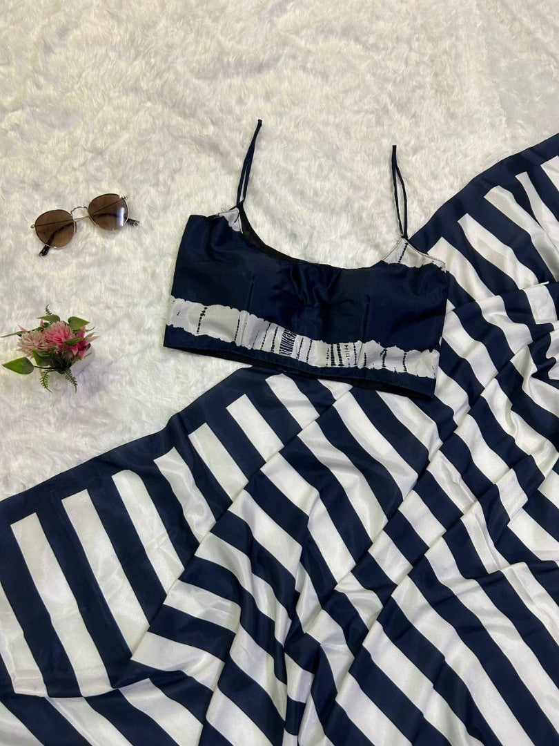 Navy blue and white stripe printed satin saree