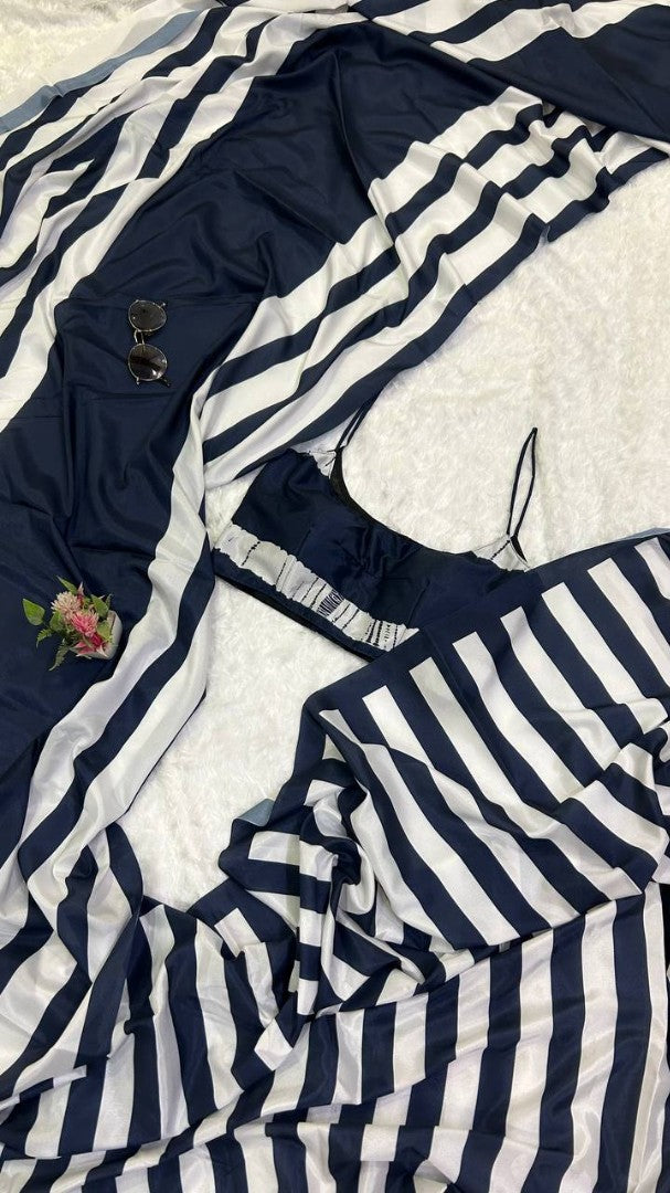 Navy blue and white stripe printed satin saree