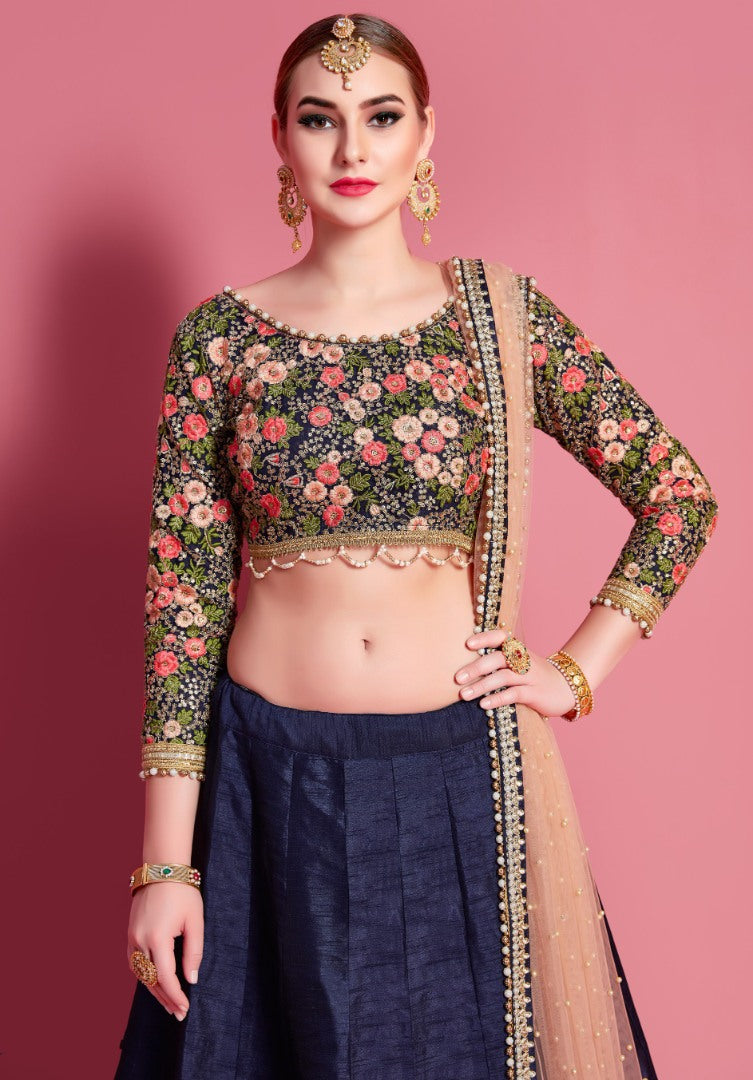 Navy blue art silk embroidered party wear lehenga choli