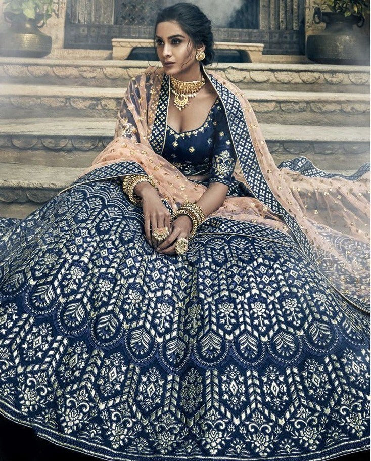 Navy blue art silk thread and zari work bridal lehenga choli