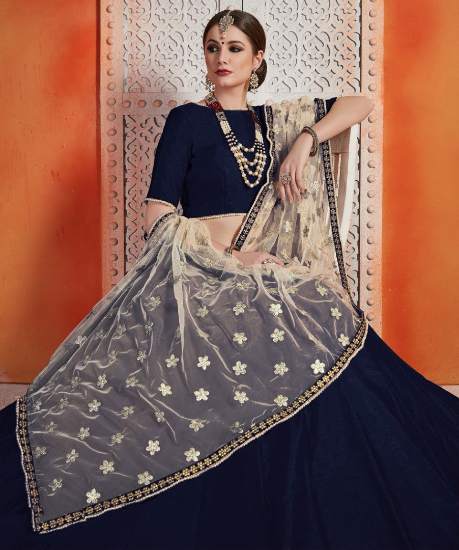 Navy blue art silk zari work ceremonial lehenga choli