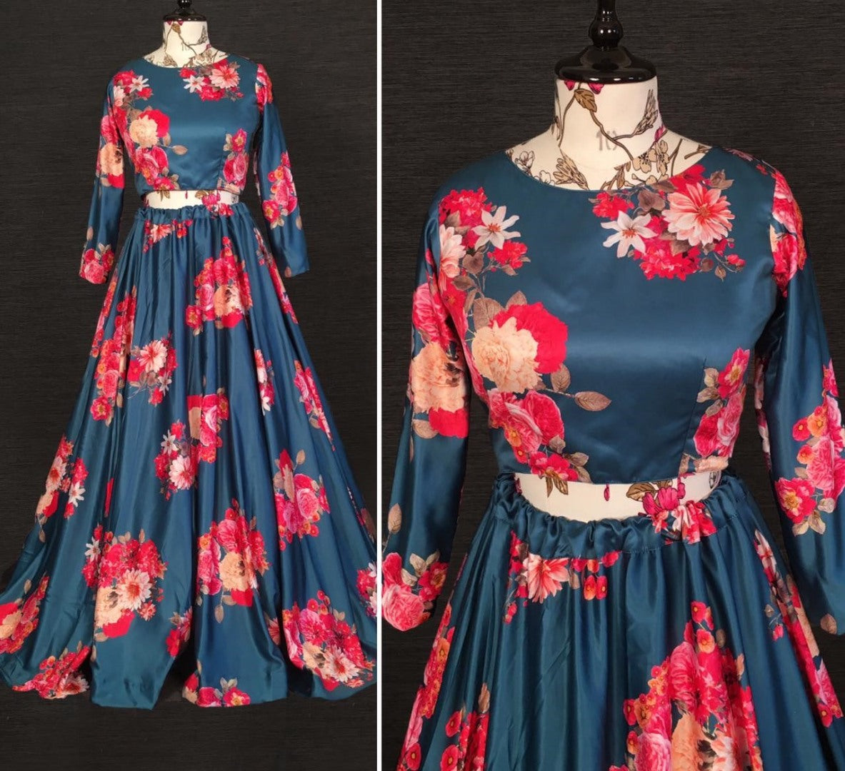 Navy blue baby satin digital floral printed party wear lehenga choli