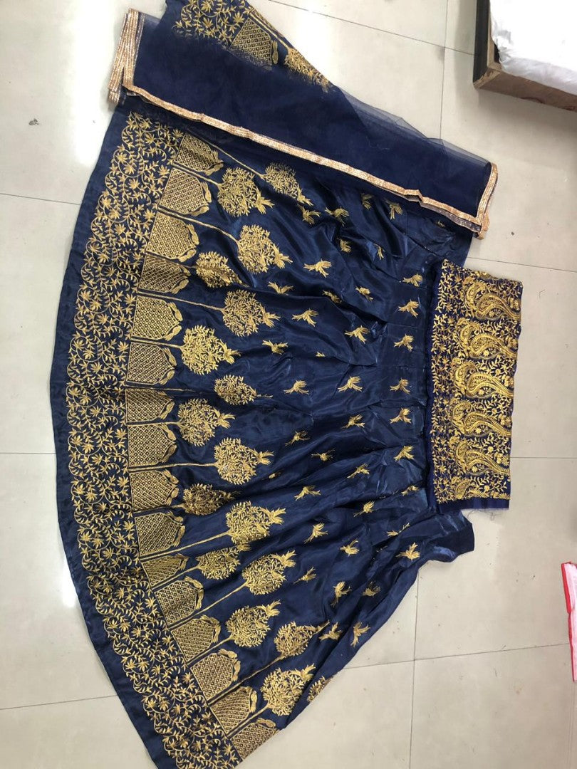 Navy blue banglory satin stylist embroidered wedding function lehenga
