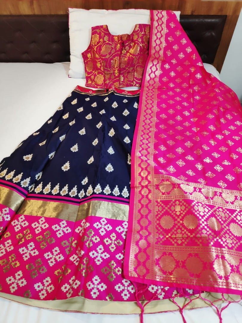 Navy blue brocade silk lehenga with banarasi dupatta