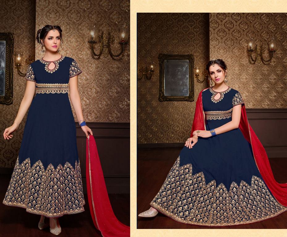 Navy Blue Colored Santoon Thread & Jari Embroidery Semi Stitched Salwar Suit