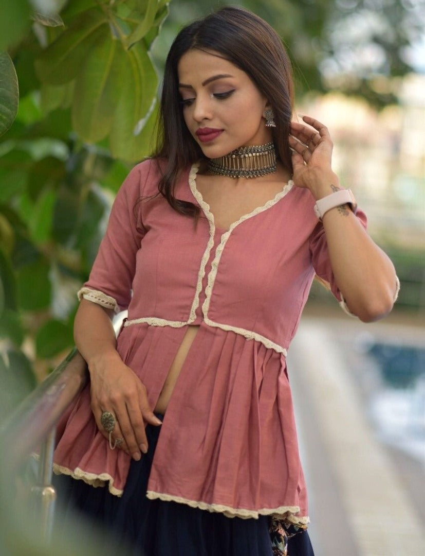 Navy blue cotton embroidered lehenga with long crop top