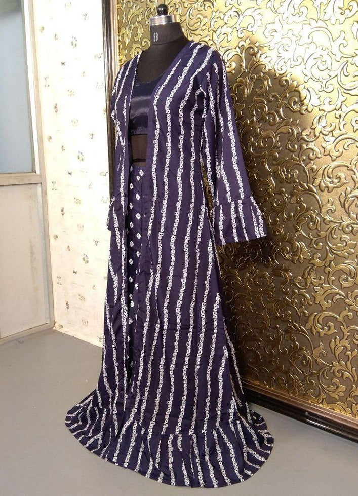 Navy blue crape printed indowestern lehenga with shrug