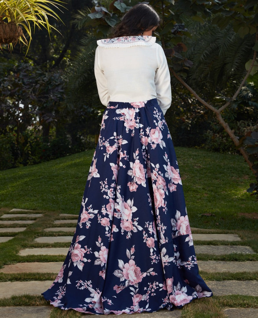 Navy blue crepe silk flower printed party wear crop top lehenga