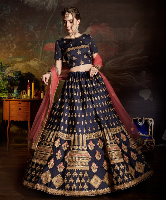 navy blue designer embroidered wedding lehenga choli