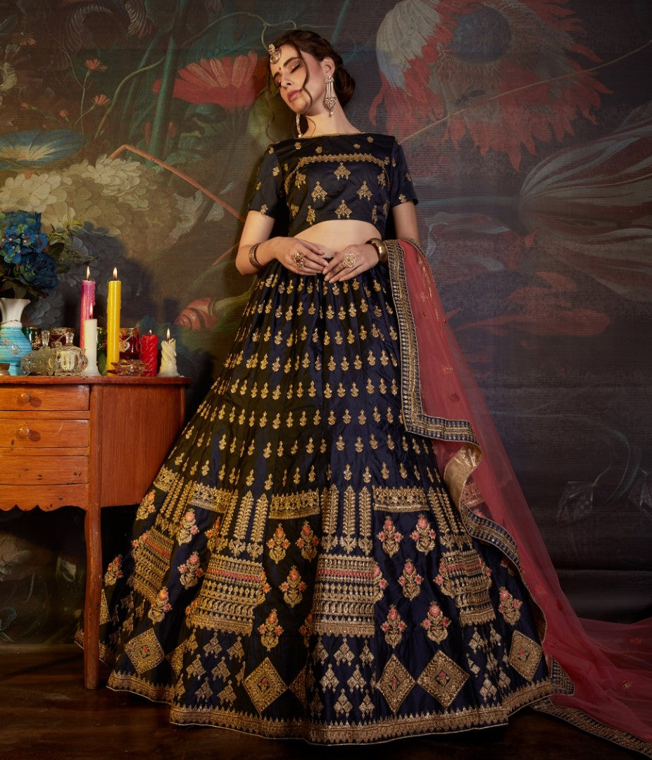 navy blue designer embroidered wedding lehenga choli