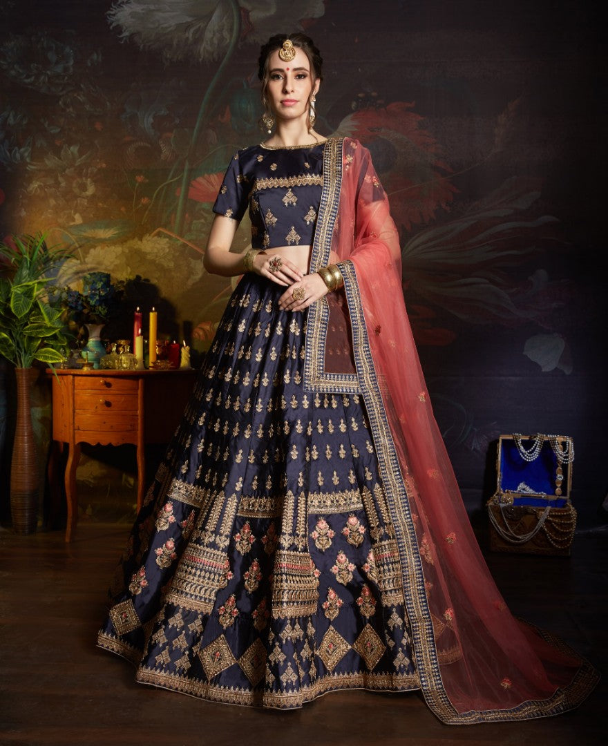 navy blue designer embroidered wedding lehenga choli