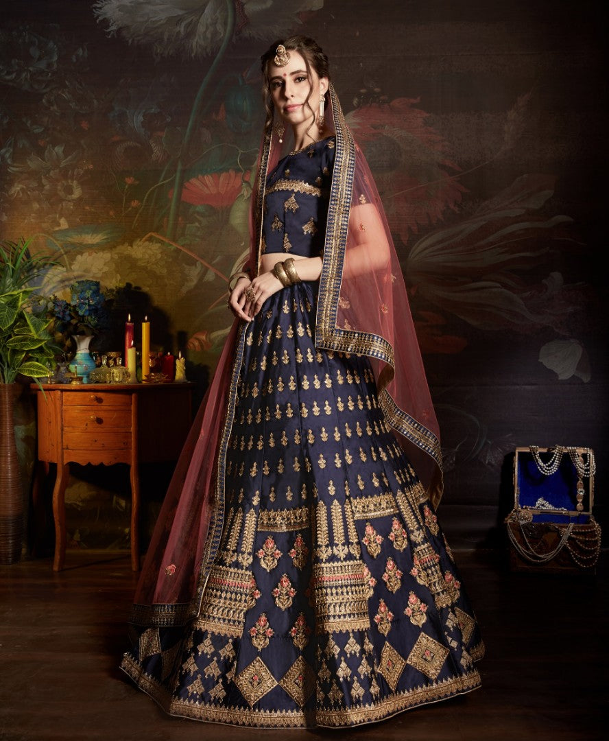 navy blue designer embroidered wedding lehenga choli