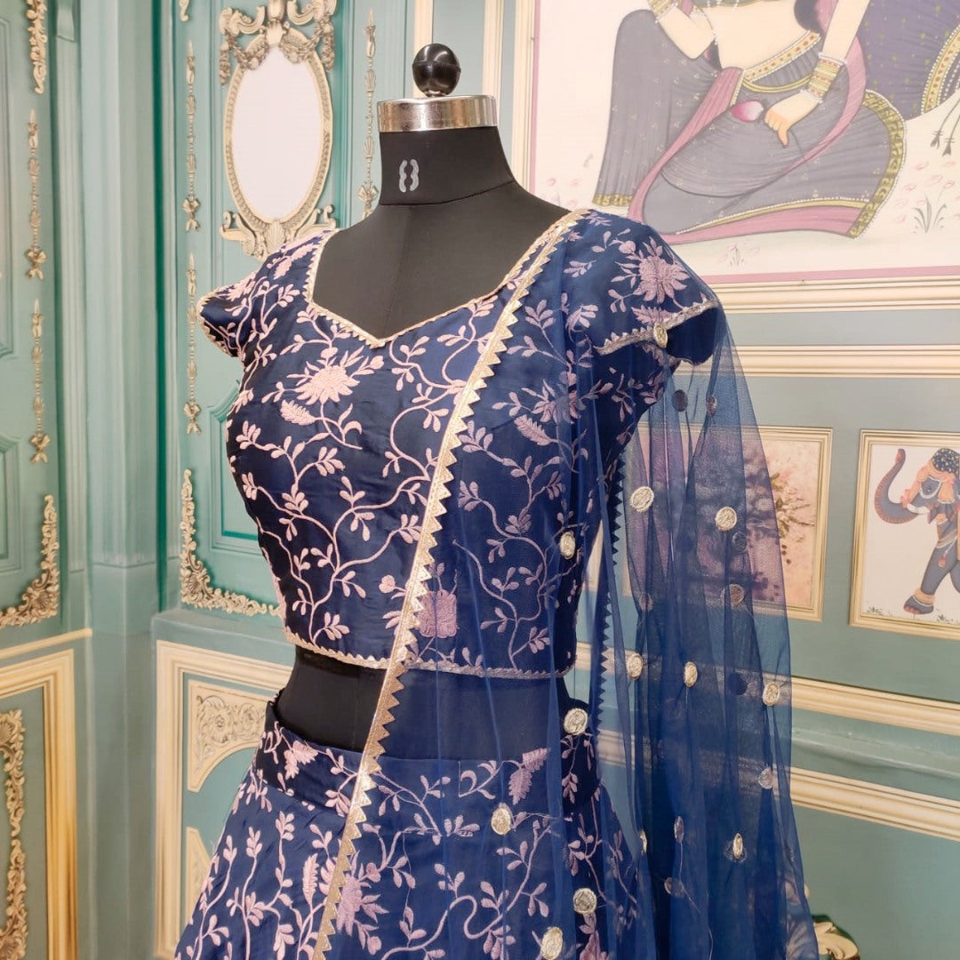 Navy blue embroidery worked wedding lehenga choli