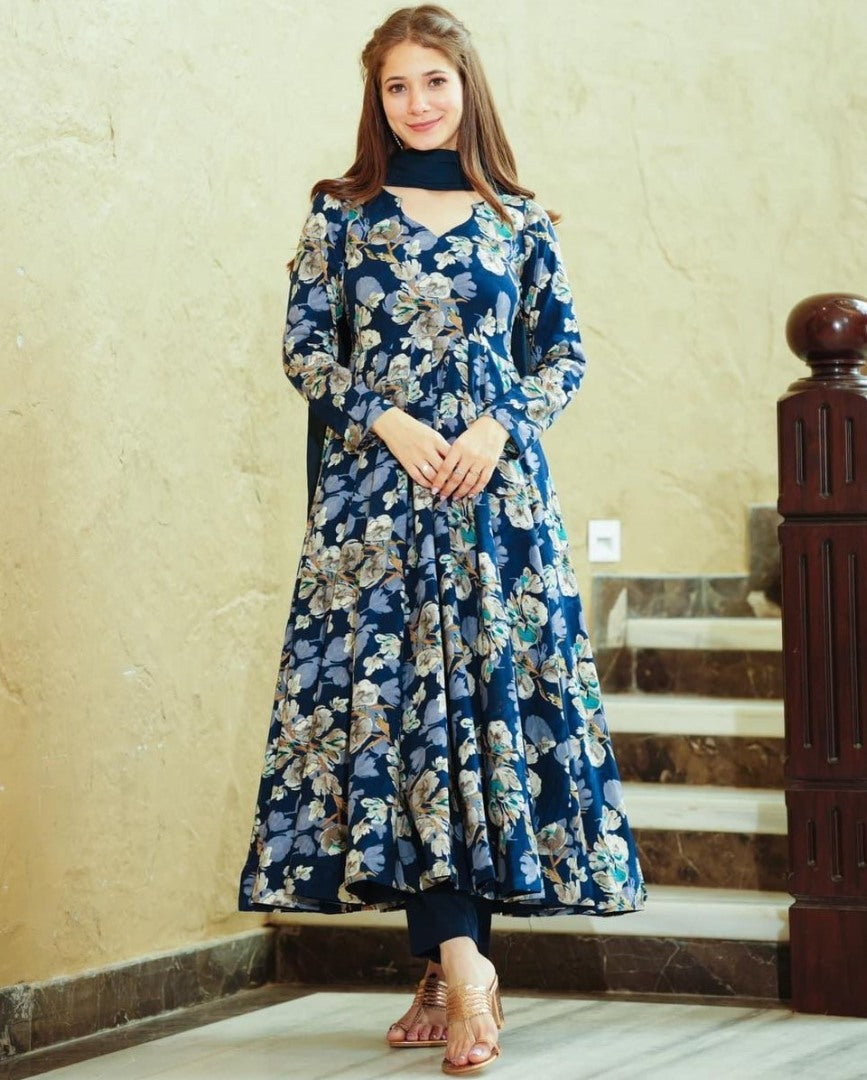 Navy blue floral printed anarkali gown