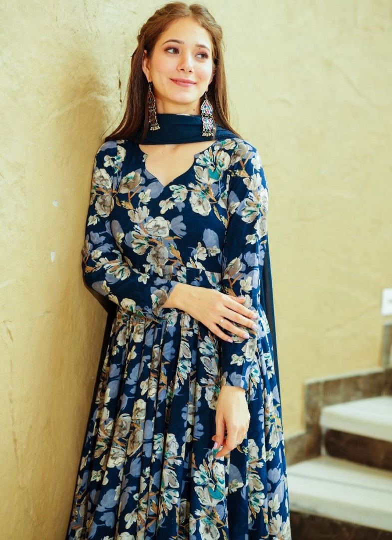 Navy blue floral printed anarkali gown