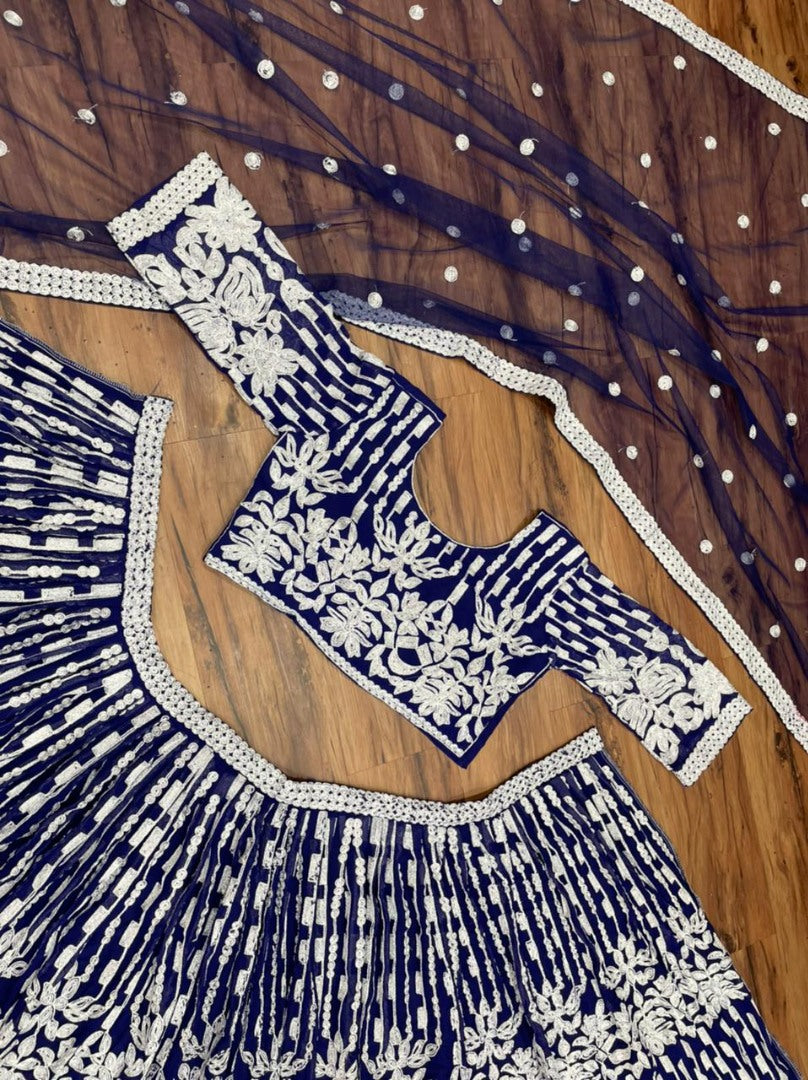Navy blue georgette chine stitch work party wear lehenga choli