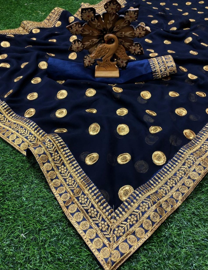 Navy blue georgette embroidered wedding saree