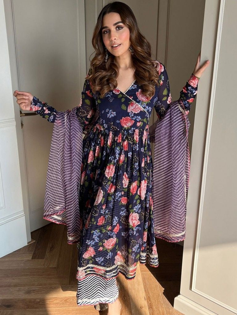Navy blue georgette floral printed palazzo gown