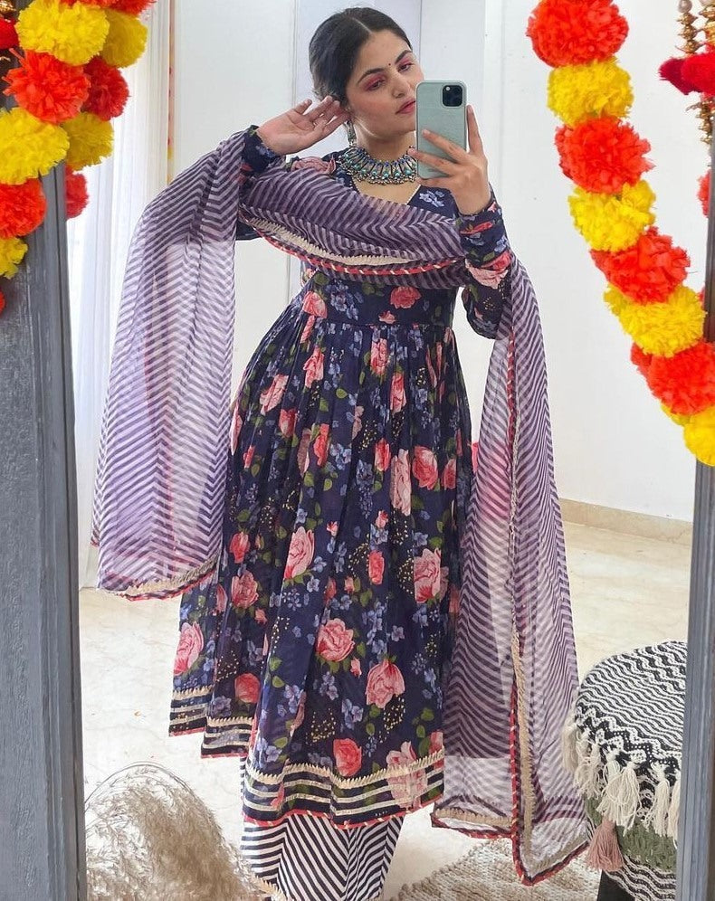 Navy blue georgette floral printed palazzo gown
