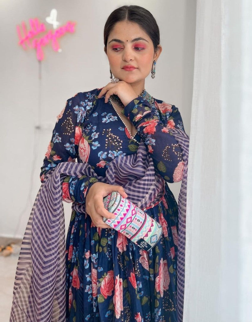 Navy blue georgette floral printed palazzo gown