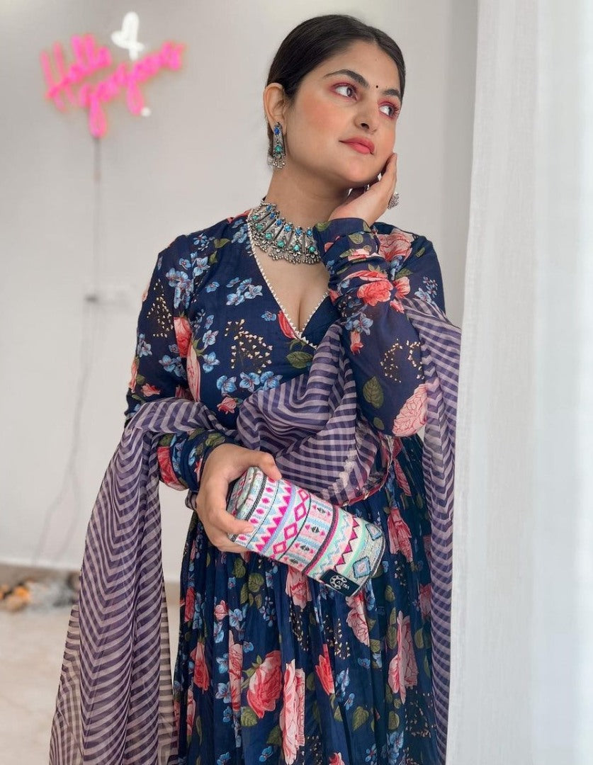 Navy blue georgette floral printed palazzo gown