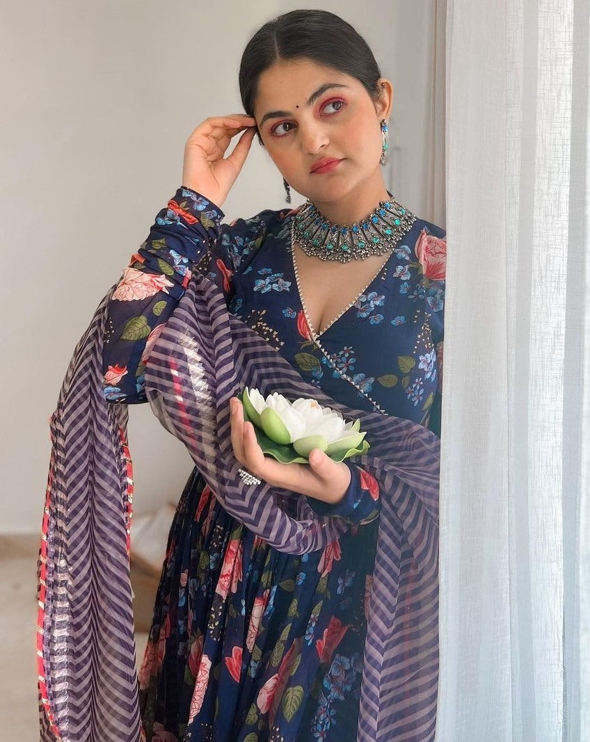 Navy blue georgette floral printed palazzo gown