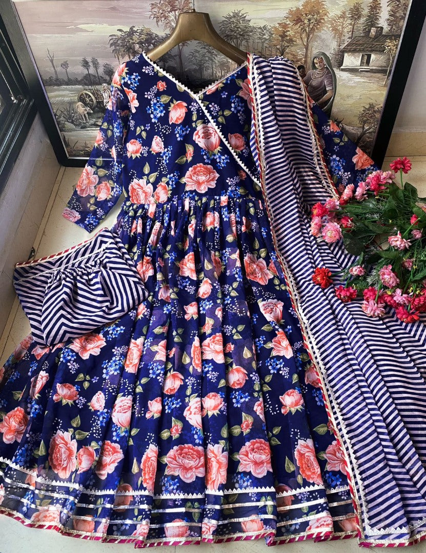 Navy blue georgette floral printed palazzo gown