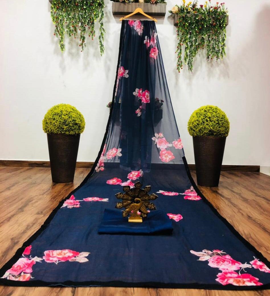 Navy blue georgette flower digital printed saree