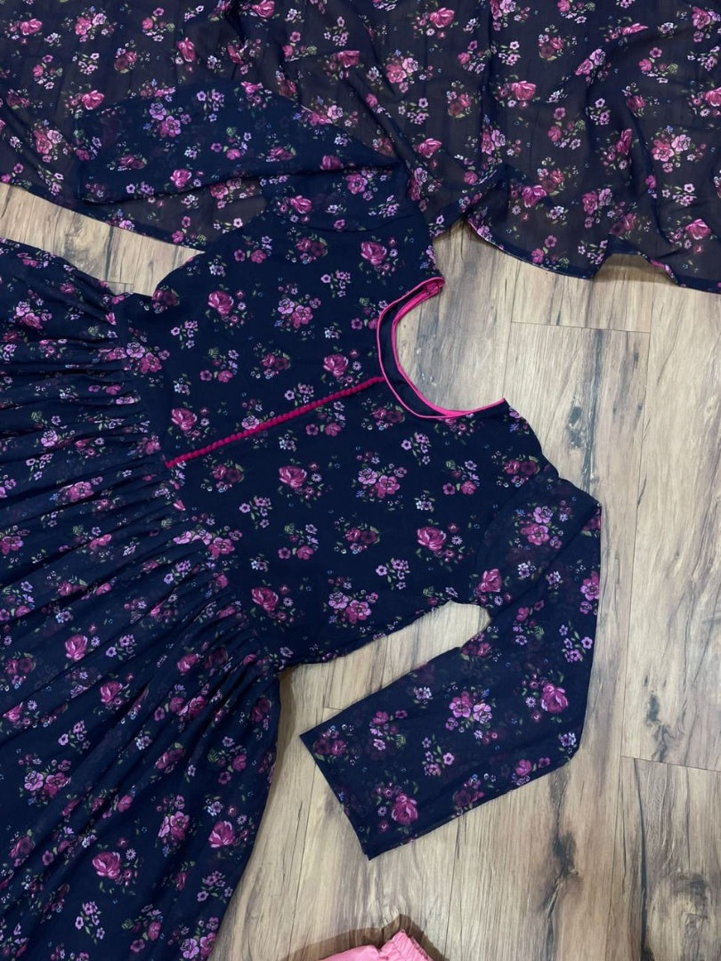 Navy blue georgette flower printed anarkali suit