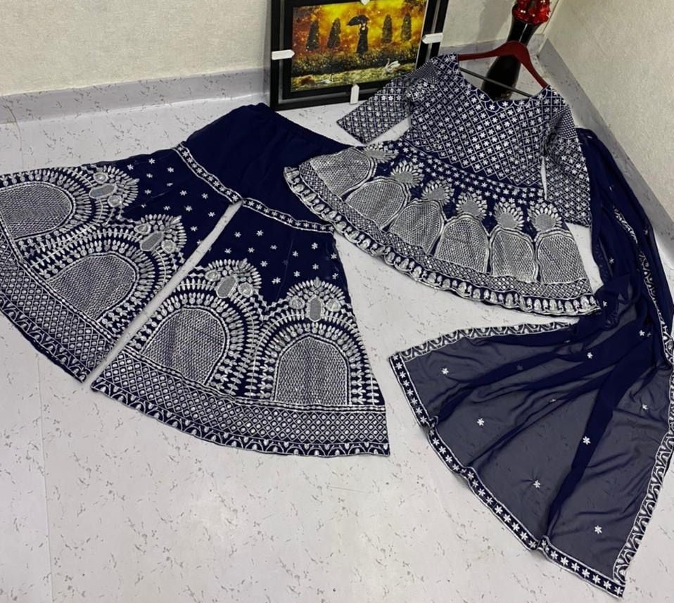 Navy blue georgette heavy embroidered sharara salwar suit