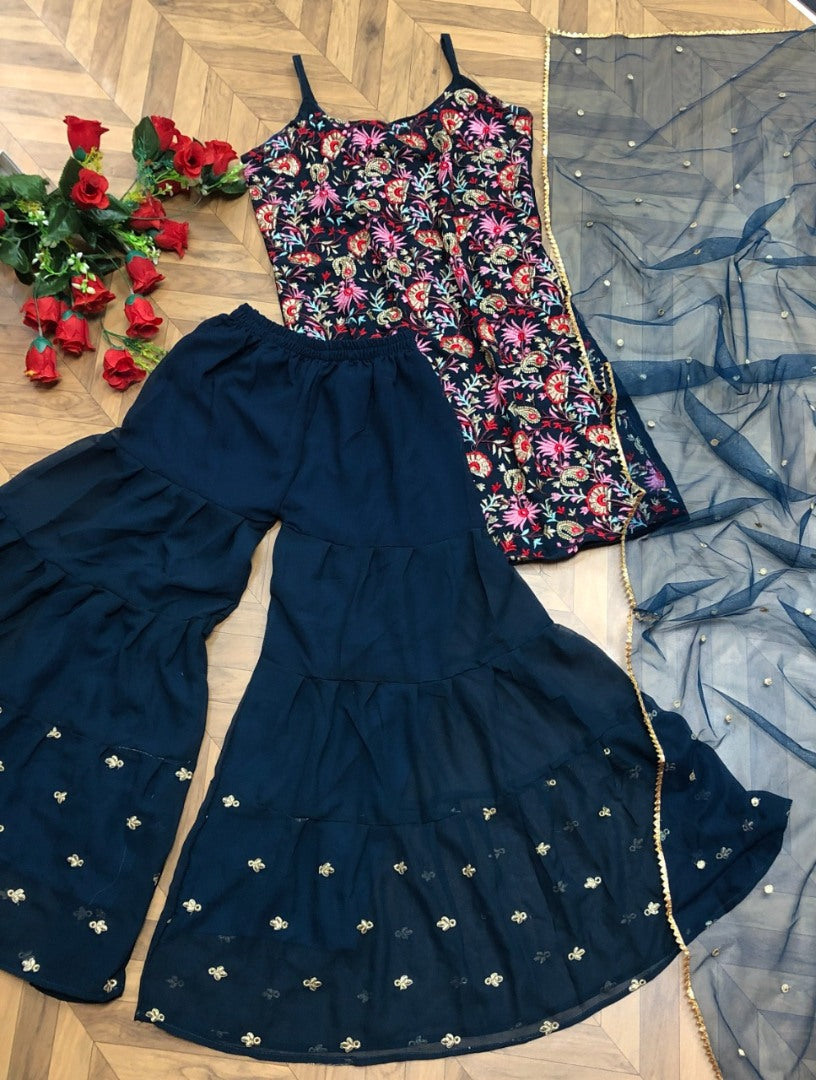 Navy blue georgette heavy embroidered sharara salwar suit