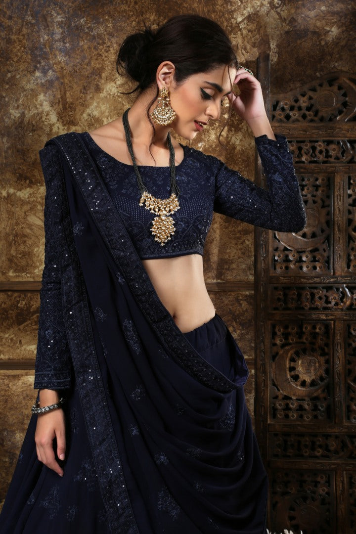 Navy blue georgette heavy embroidered wedding lehenga choli