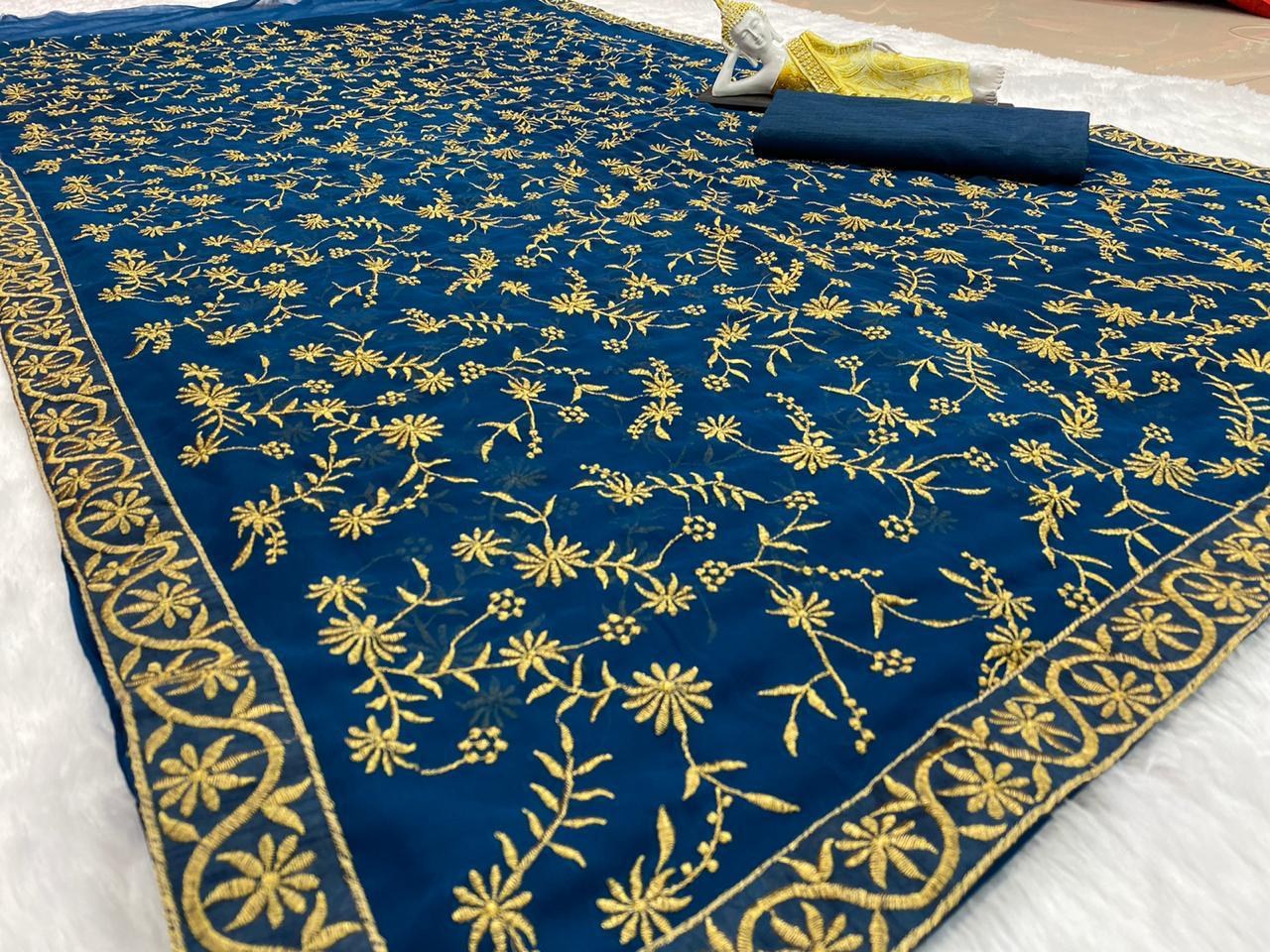 Navy blue georgette heavy embroidered wedding saree