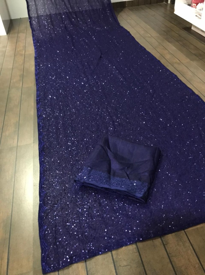 Navy blue georgette heavy sequence work partywear saree